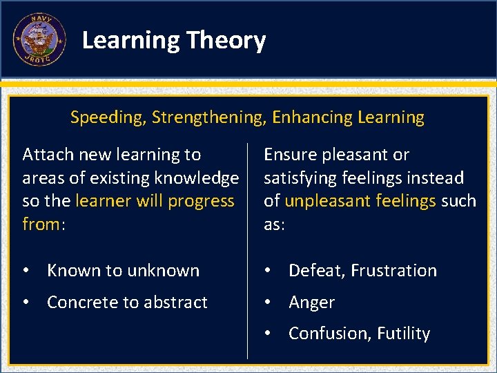 Learning Theory Speeding, Strengthening, Enhancing Learning Attach new learning to areas of existing knowledge