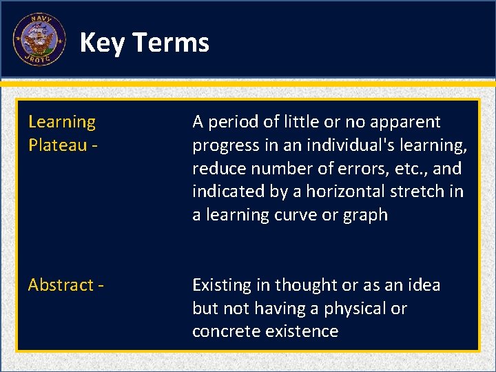 Key Terms Learning Plateau - A period of little or no apparent progress in