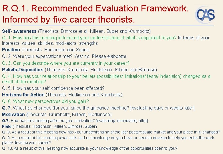 R. Q. 1. Recommended Evaluation Framework. Informed by five career theorists. Self- awareness (Theorists: