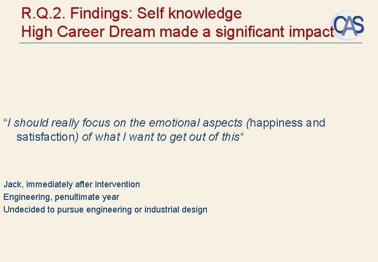 R. Q. 2. Findings: Self knowledge High Career Dream made a significant impact “I