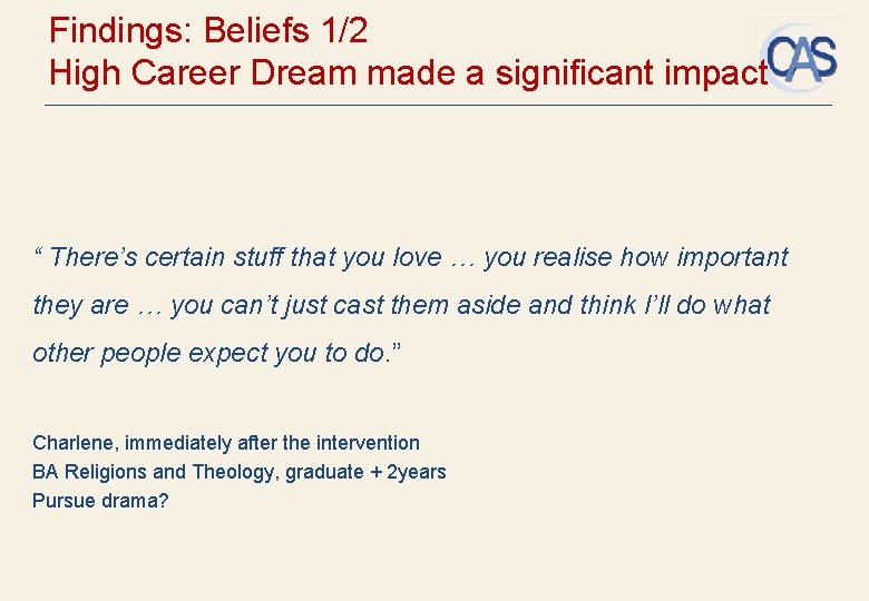 Findings: Beliefs 1/2 High Career Dream made a significant impact “ There’s certain stuff