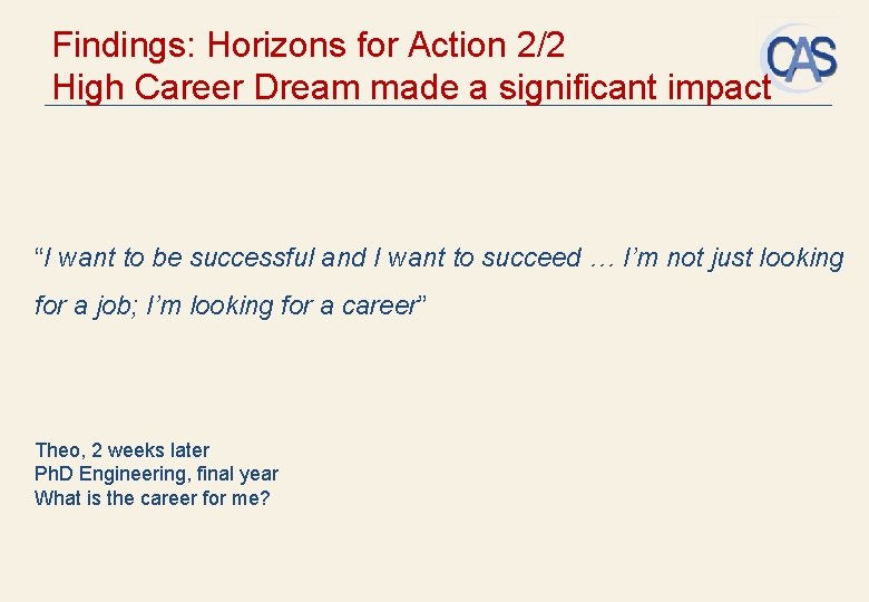 Findings: Horizons for Action 2/2 High Career Dream made a significant impact “I want