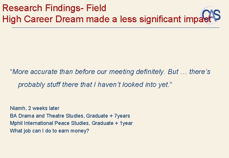 Research Findings- Field High Career Dream made a less significant impact “More accurate than
