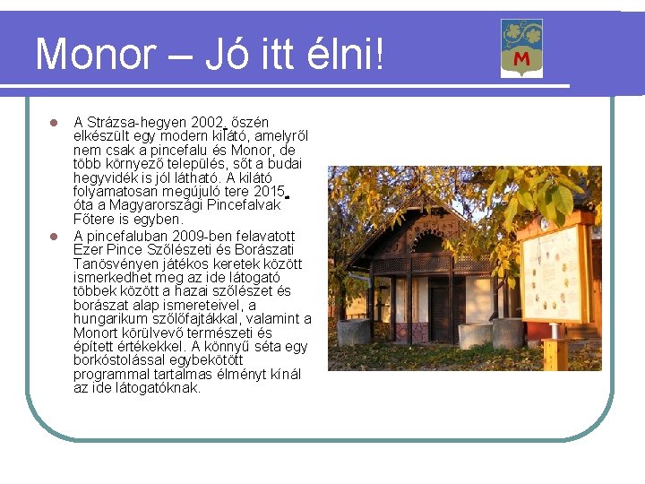 Monor – Jó itt élni! A Strázsa-hegyen 2002. őszén elkészült egy modern kilátó, amelyről