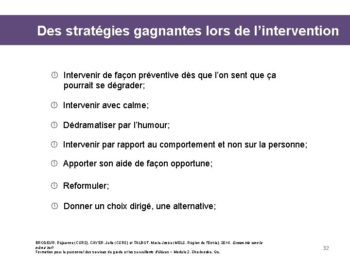 Des stratégies gagnantes lors de l’intervention » Intervenir de façon préventive dès que l’on