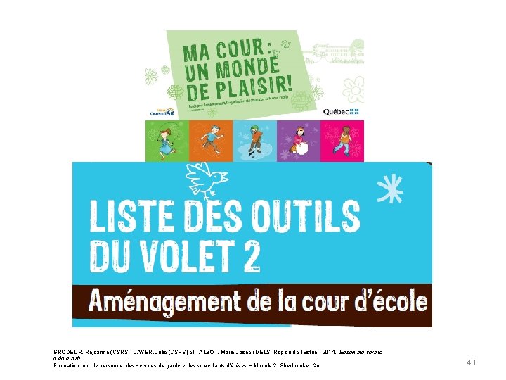 BRODEUR, Réjeanne (CSRS), CAYER, Julie (CSRS) et TALBOT, Marie-Josée (MELS, Région de l’Estrie). 2014.