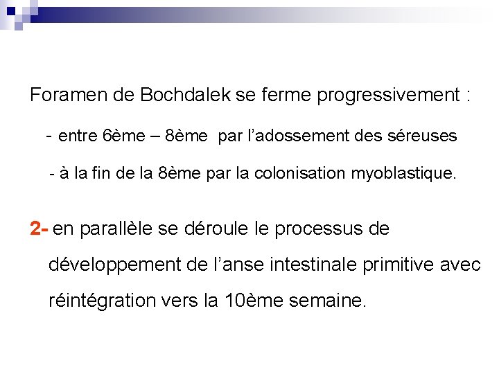 Foramen de Bochdalek se ferme progressivement : - entre 6ème – 8ème par l’adossement