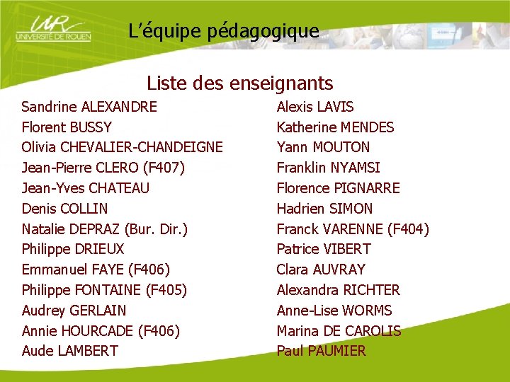 L’équipe pédagogique Liste des enseignants Sandrine ALEXANDRE Florent BUSSY Olivia CHEVALIER-CHANDEIGNE Jean-Pierre CLERO (F