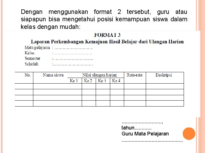 Dengan menggunakan format 2 tersebut, guru atau siapapun bisa mengetahui posisi kemampuan siswa dalam