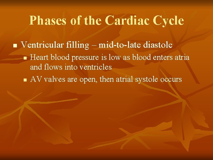 Phases of the Cardiac Cycle n Ventricular filling – mid-to-late diastole n n Heart