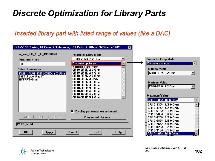 Discrete Optimization for Library Parts Inserted library part with listed range of values (like