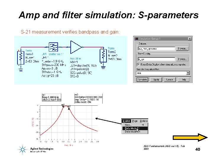 Amp and filter simulation: S-parameters S-21 measurement verifies bandpass and gain: ADS Fundamentals (ADS