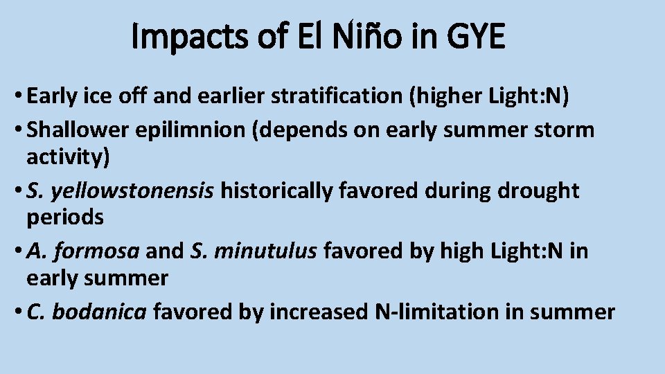 Impacts of El Niño in GYE • Early ice off and earlier stratification (higher