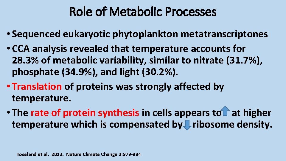 Role of Metabolic Processes • Sequenced eukaryotic phytoplankton metatranscriptones • CCA analysis revealed that