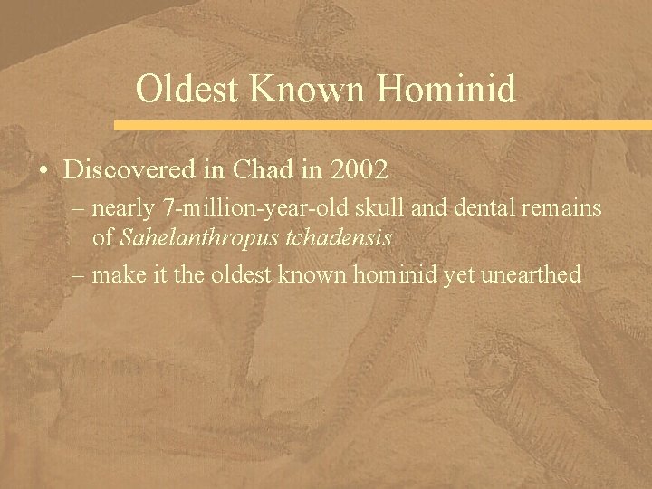 Oldest Known Hominid • Discovered in Chad in 2002 – nearly 7 -million-year-old skull