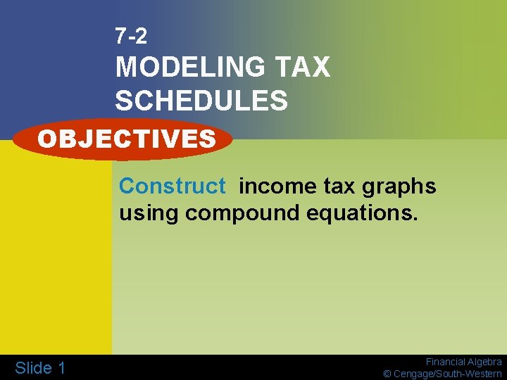 7 -2 MODELING TAX SCHEDULES OBJECTIVES Construct income tax graphs using compound equations. Slide