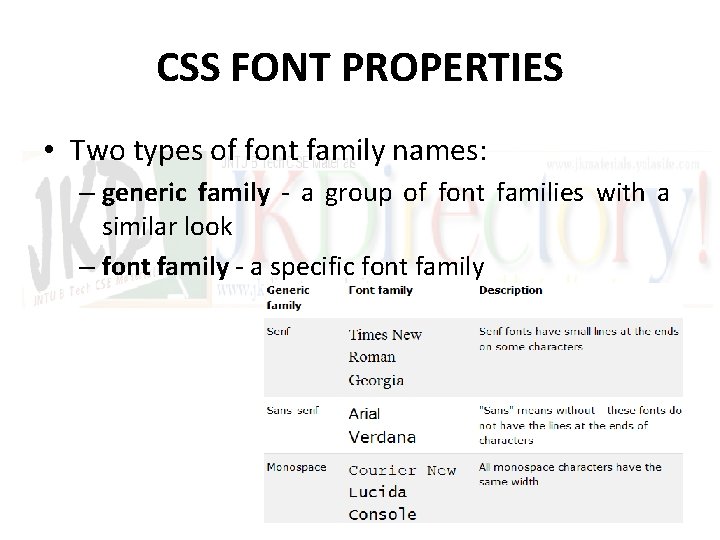 CSS FONT PROPERTIES • Two types of font family names: – generic family -