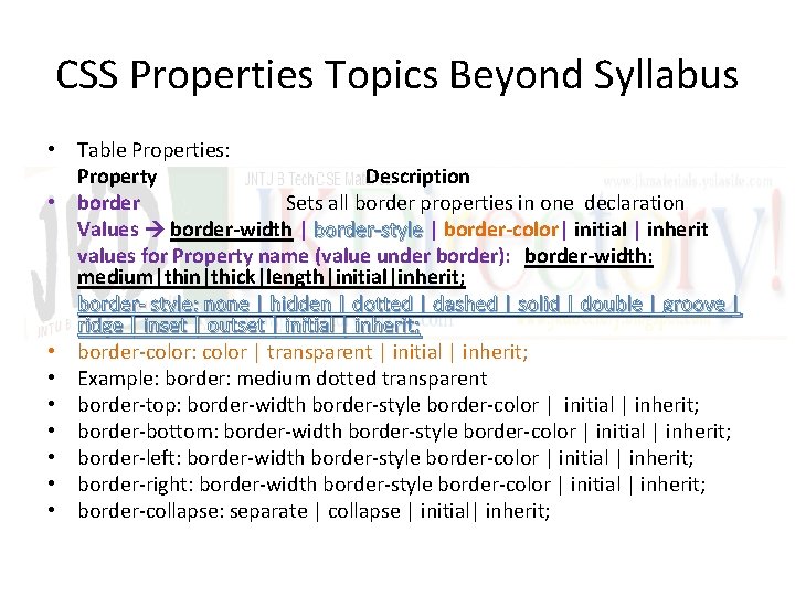 CSS Properties Topics Beyond Syllabus • Table Properties: Property Description • border Sets all