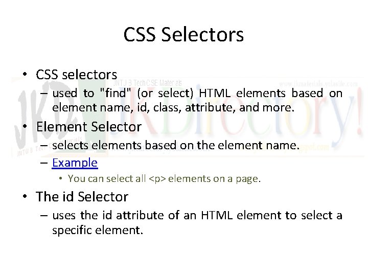 CSS Selectors • CSS selectors – used to "find" (or select) HTML elements based