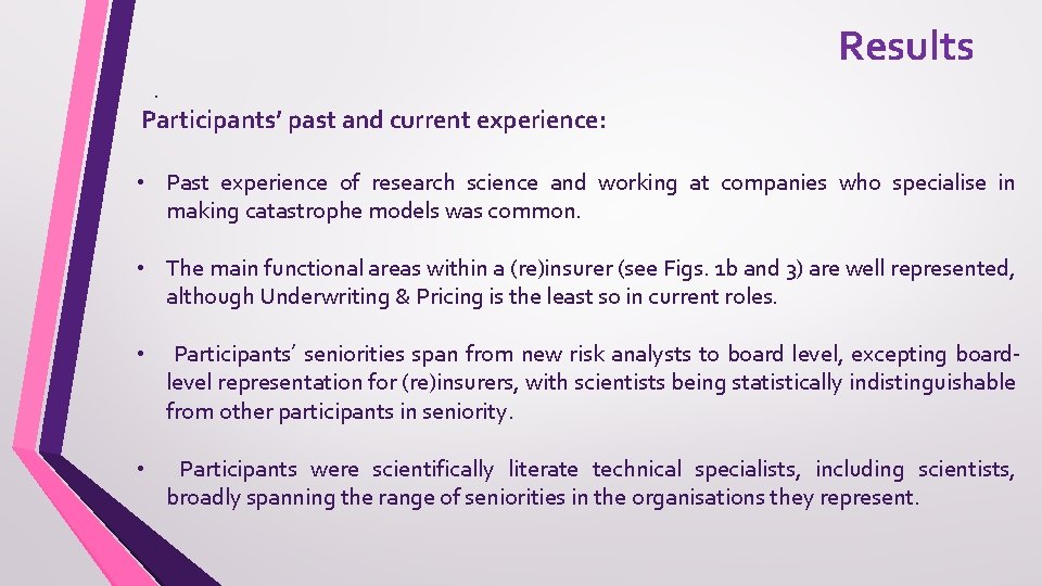 Results. Participants’ past and current experience: • Past experience of research science and working