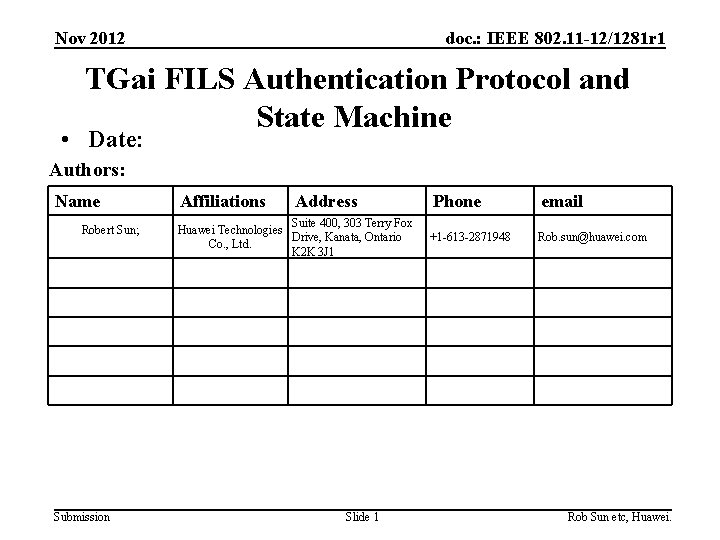 Nov 2012 doc. : IEEE 802. 11 -12/1281 r 1 TGai FILS Authentication Protocol