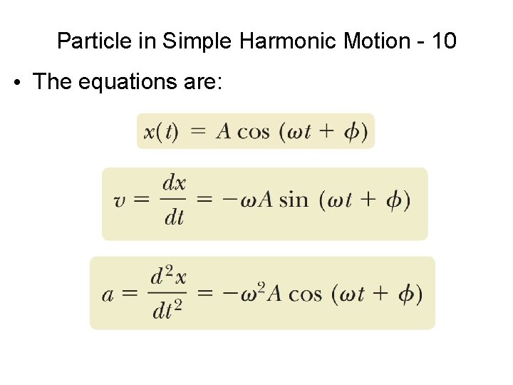 Particle in Simple Harmonic Motion - 10 • The equations are: 