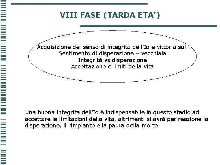 VIII FASE (TARDA ETA’) Acquisizione del senso di integrità dell’Io e vittoria sul Sentimento