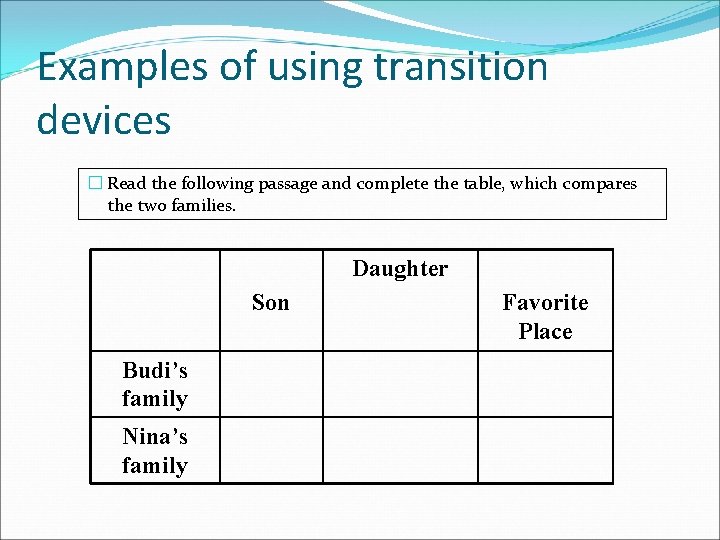 Examples of using transition devices � Read the following passage and complete the table,