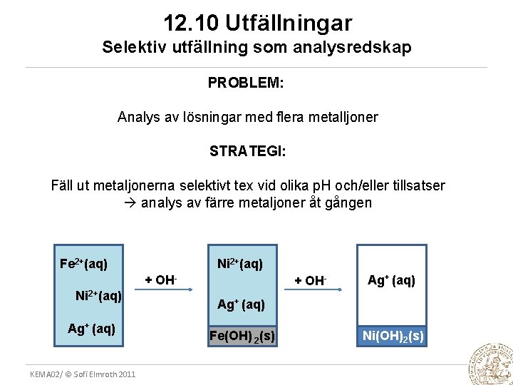 12. 10 Utfällningar Selektiv utfällning som analysredskap PROBLEM: Analys av lösningar med flera metalljoner