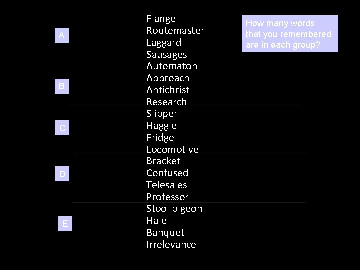 A B C D E Flange Routemaster Laggard Sausages Automaton Approach Antichrist Research Slipper