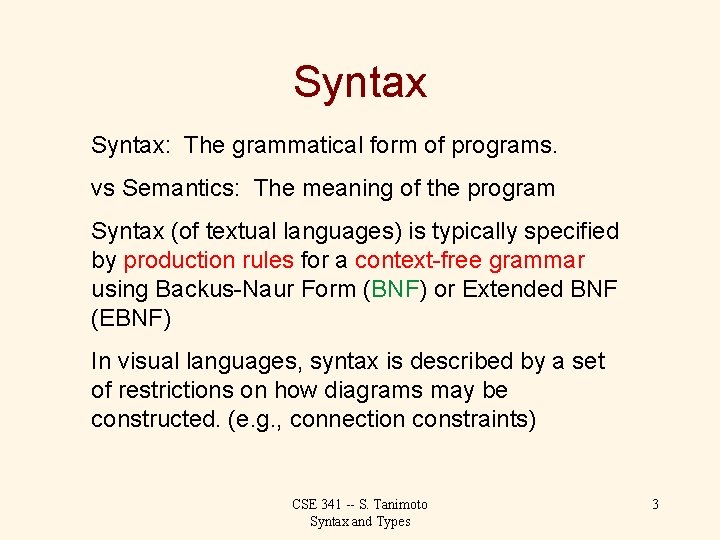 Syntax: The grammatical form of programs. vs Semantics: The meaning of the program Syntax