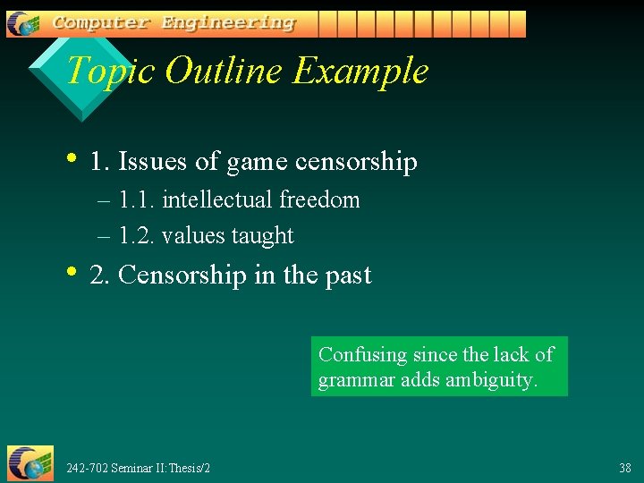 Topic Outline Example • 1. Issues of game censorship – 1. 1. intellectual freedom