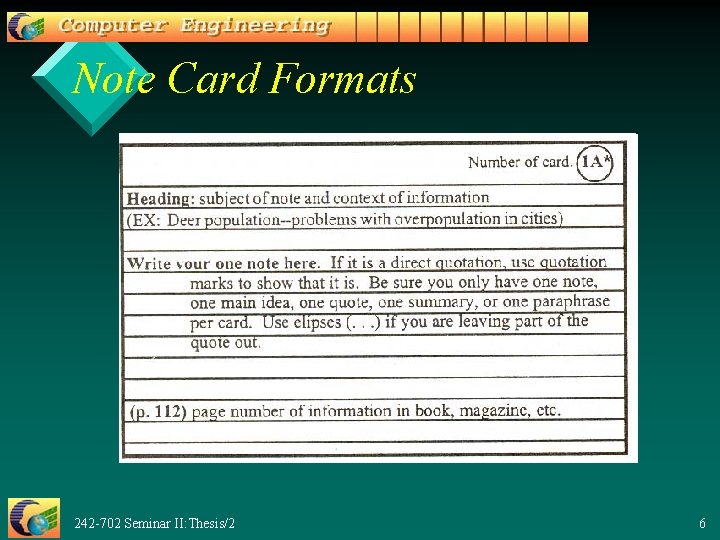 Note Card Formats 242 -702 Seminar II: Thesis/2 6 