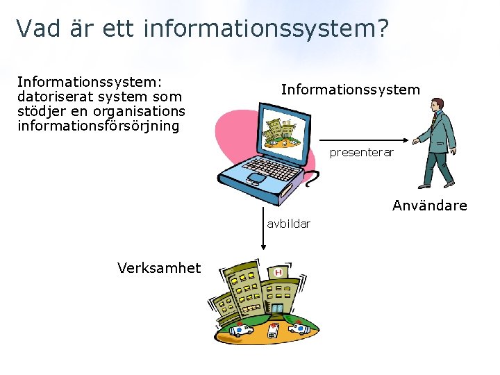 Vad är ett informationssystem? Informationssystem: datoriserat system som stödjer en organisations informationsförsörjning Informationssystem presenterar