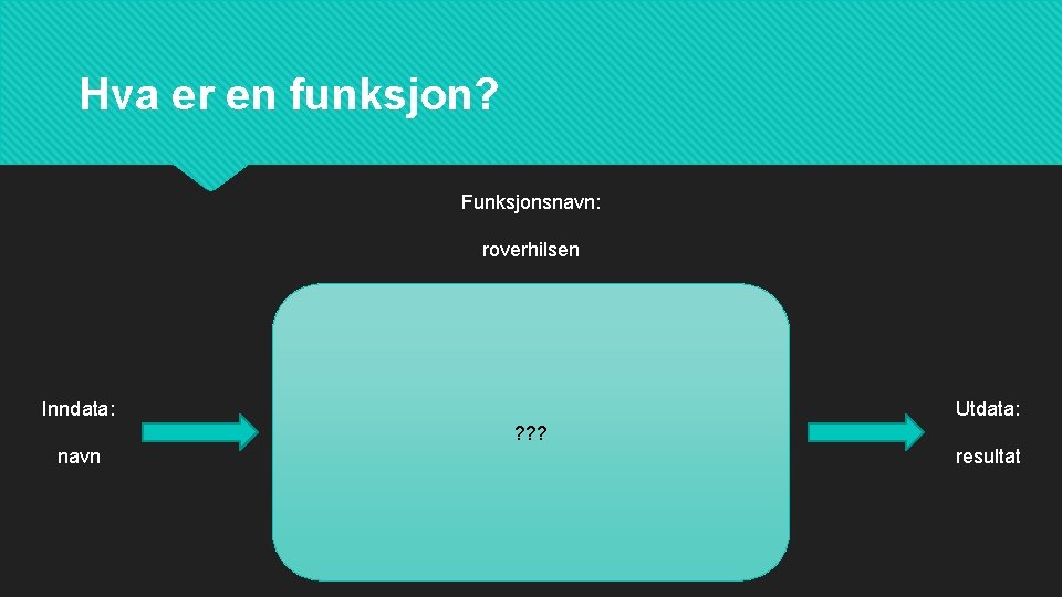Hva er en funksjon? Funksjonsnavn: roverhilsen Inndata: Utdata: ? ? ? navn resultat 