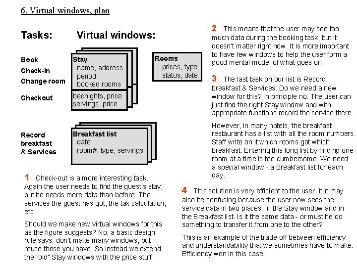 6. Virtual windows, plan Tasks: Book Check-in Change room Checkout Record breakfast & Services