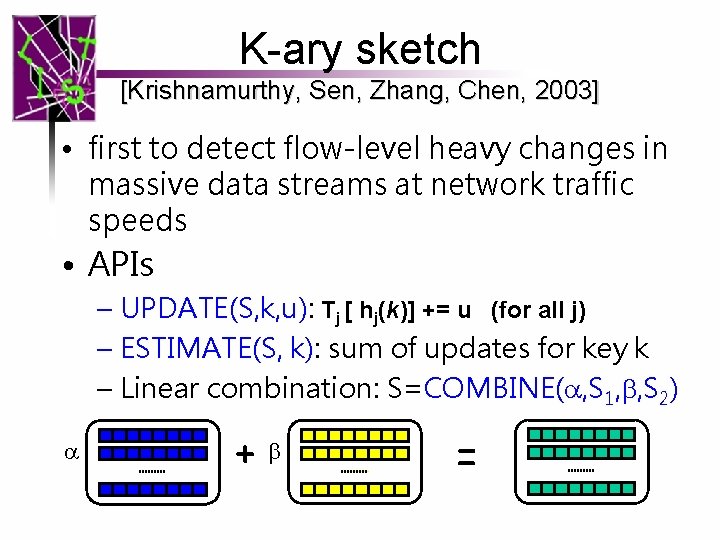 K-ary sketch [Krishnamurthy, Sen, Zhang, Chen, 2003] • first to detect flow-level heavy changes