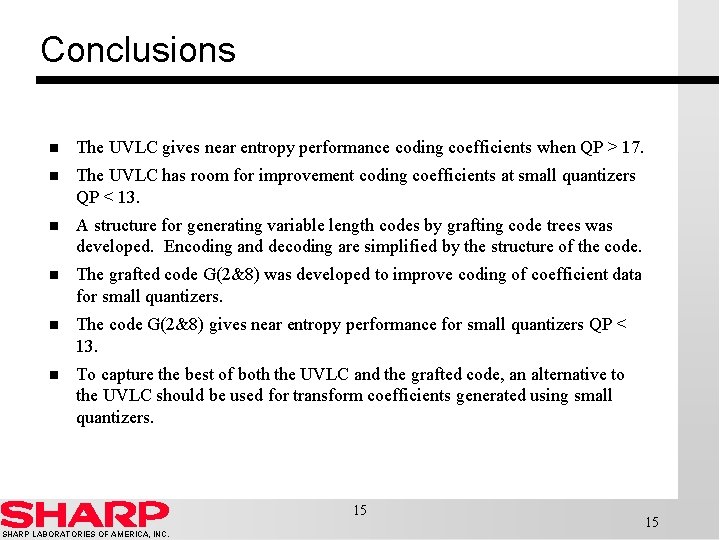 Conclusions n The UVLC gives near entropy performance coding coefficients when QP > 17.