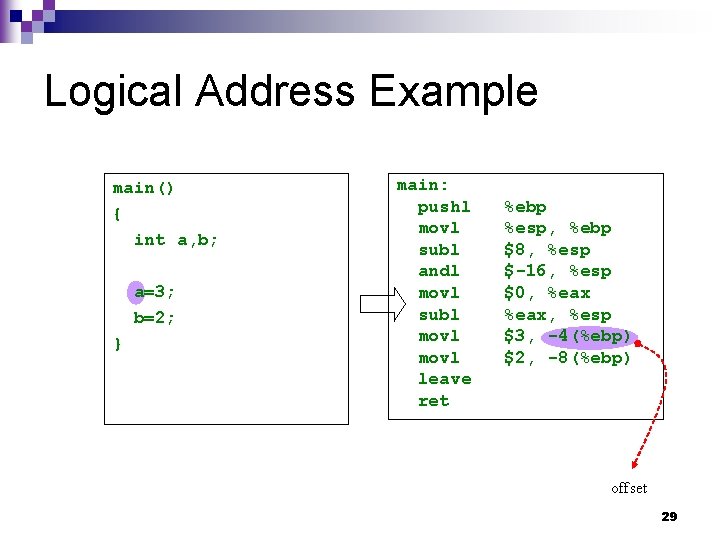 Logical Address Example main() { int a, b; a=3; b=2; } main: pushl movl