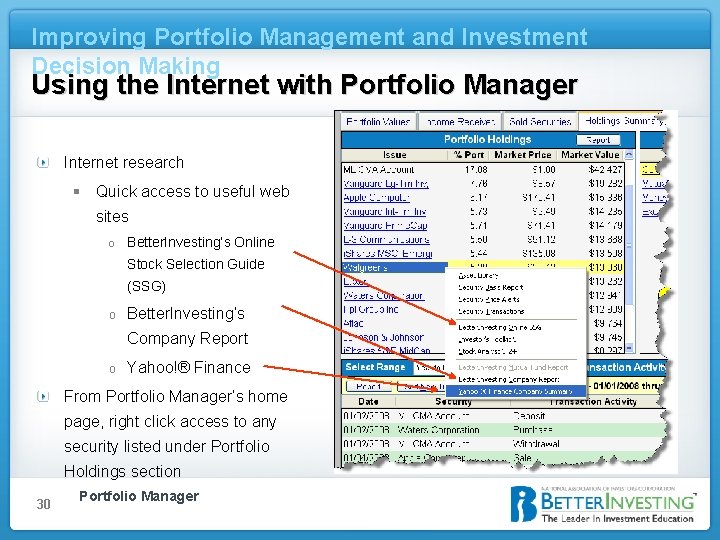 Improving Portfolio Management and Investment Decision Making Using the Internet with Portfolio Manager Internet