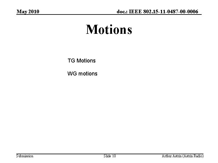 May 2010 doc. : IEEE 802. 15 -11 -0487 -00 -0006 Motions TG Motions