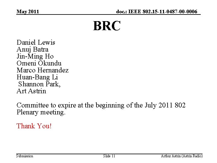 May 2011 doc. : IEEE 802. 15 -11 -0487 -00 -0006 BRC Daniel Lewis