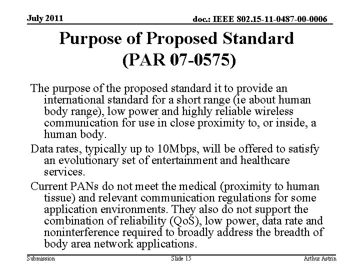 July 2011 doc. : IEEE 802. 15 -11 -0487 -00 -0006 Purpose of Proposed