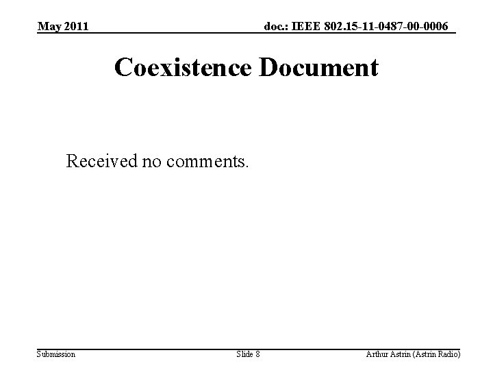 May 2011 doc. : IEEE 802. 15 -11 -0487 -00 -0006 Coexistence Document Received