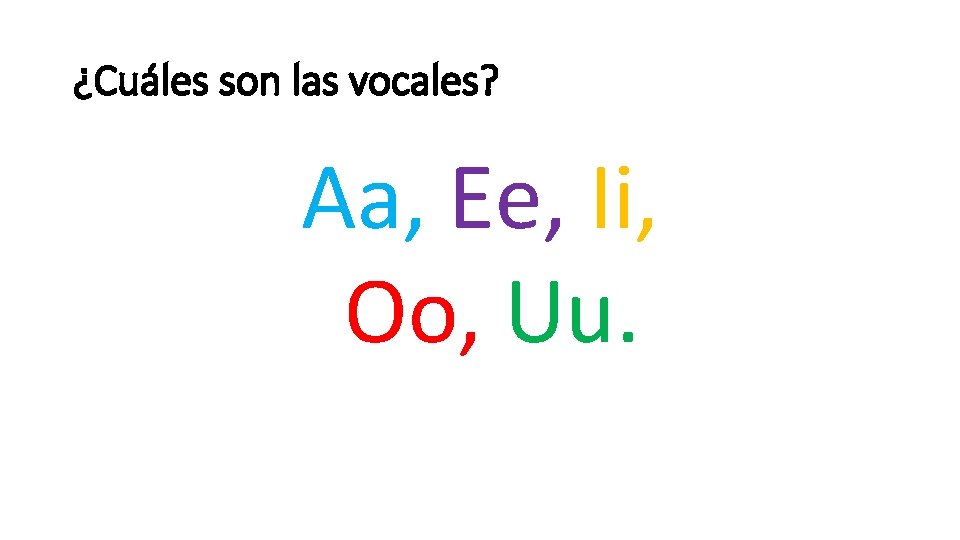 ¿Cuáles son las vocales? Aa, Ee, Ii, Oo, Uu. 