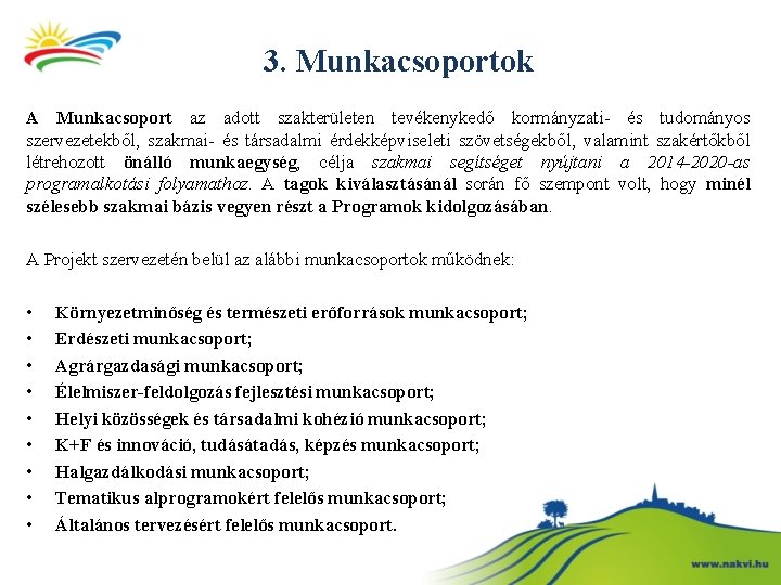 3. Munkacsoportok A Munkacsoport az adott szakterületen tevékenykedő kormányzati- és tudományos szervezetekből, szakmai- és