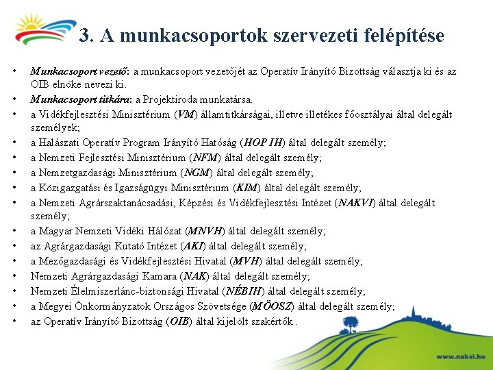 3. A munkacsoportok szervezeti felépítése • • • • Munkacsoport vezető: a munkacsoport vezetőjét