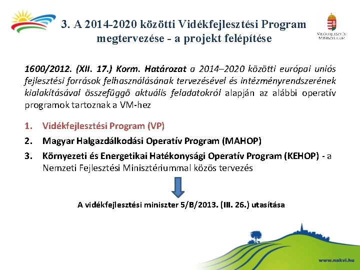 3. A 2014 -2020 közötti Vidékfejlesztési Program megtervezése - a projekt felépítése 1600/2012. (XII.