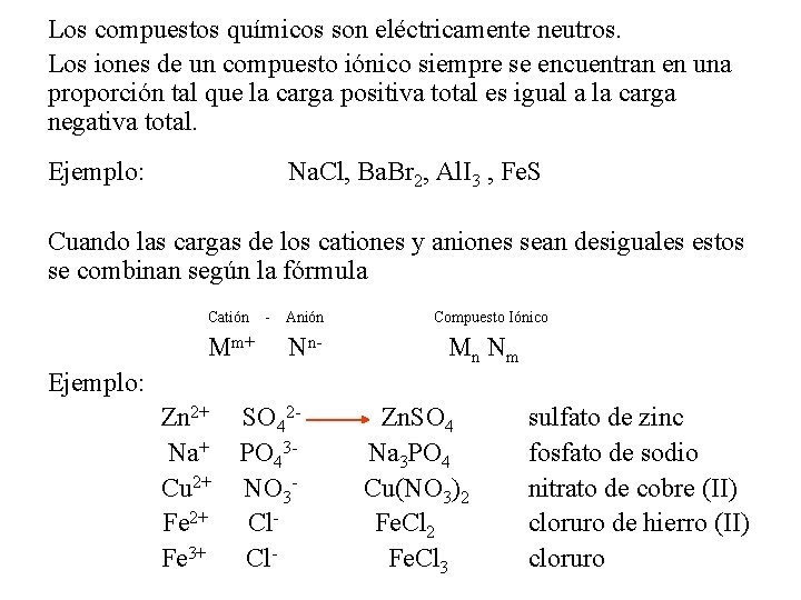 Los compuestos químicos son eléctricamente neutros. Los iones de un compuesto iónico siempre se