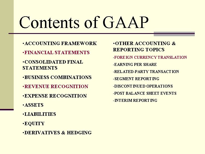 Contents of GAAP • ACCOUNTING FRAMEWORK • FINANCIAL STATEMENTS • CONSOLIDATED FINAL STATEMENTS •